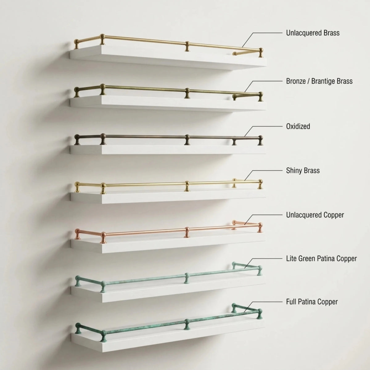 Gallery Railing for Shelves – Brass & Copper Shelf Rail in 7 Finishes - BRASSDORIA