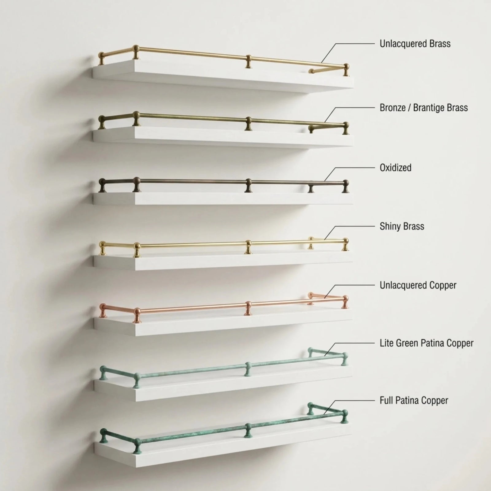 Gallery Railing for Shelves – Brass & Copper Shelf Rail in 7 Finishes - BRASSDORIA