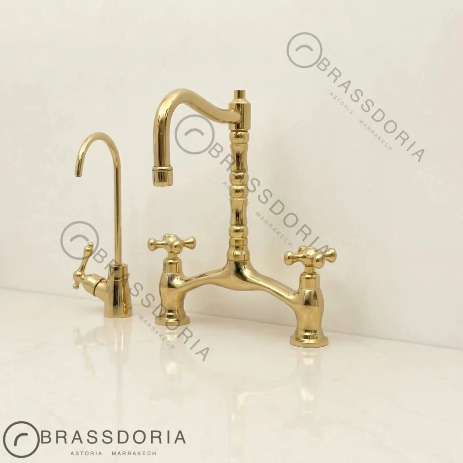 Grand Victorian Brass Bridge Faucet Set – Ornate Cross Handle Kitchen Fixture - BRASSDORIA