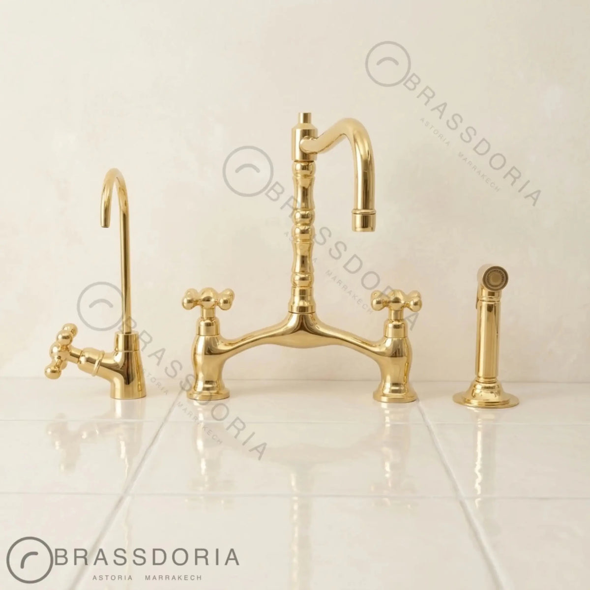 Grand Victorian Brass Bridge Faucet Set – Ornate Cross Handle Kitchen Fixture - BRASSDORIA