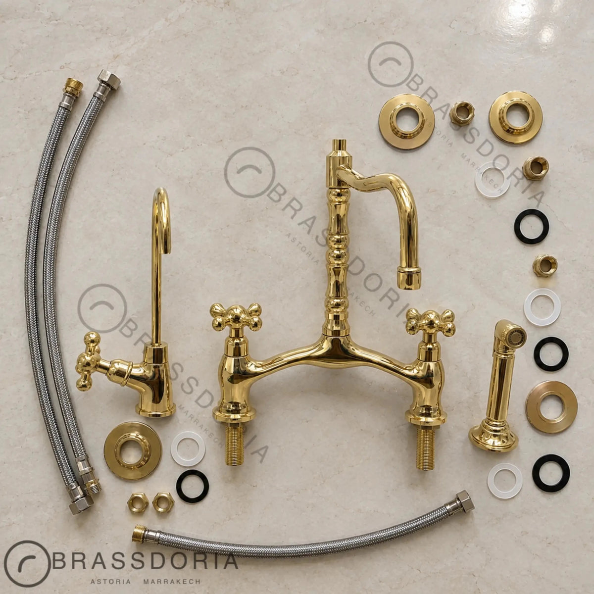 Grand Victorian Brass Bridge Faucet Set – Ornate Cross Handle Kitchen Fixture - BRASSDORIA