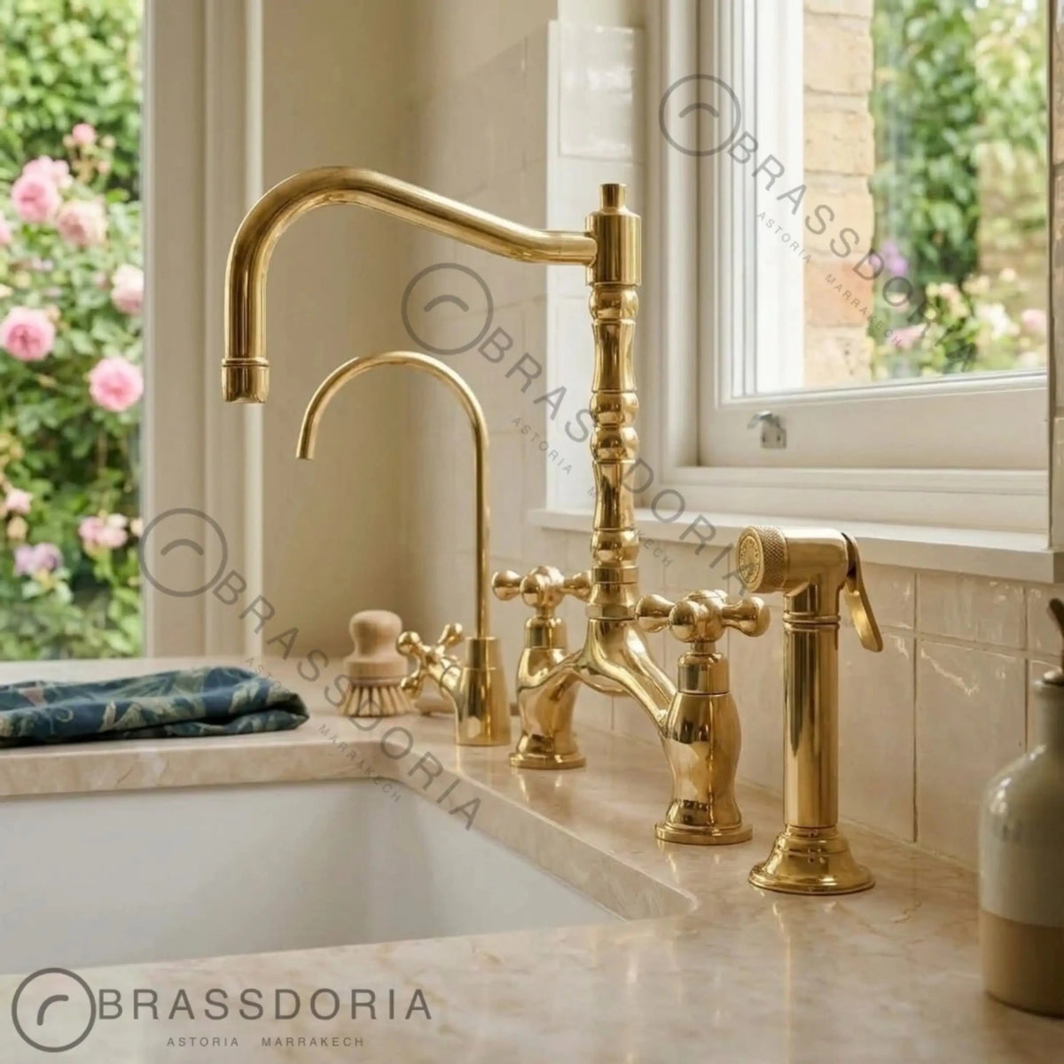 Grand Victorian Brass Bridge Faucet Set – Ornate Cross Handle Kitchen Fixture - BRASSDORIA