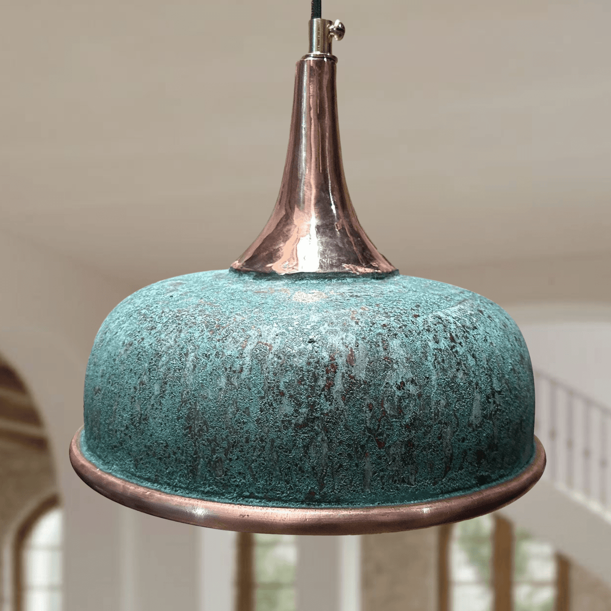 Green Patina Copper Dome Pendant – Oxidized Ceiling Light for Farmhouse - BRASSDORIA