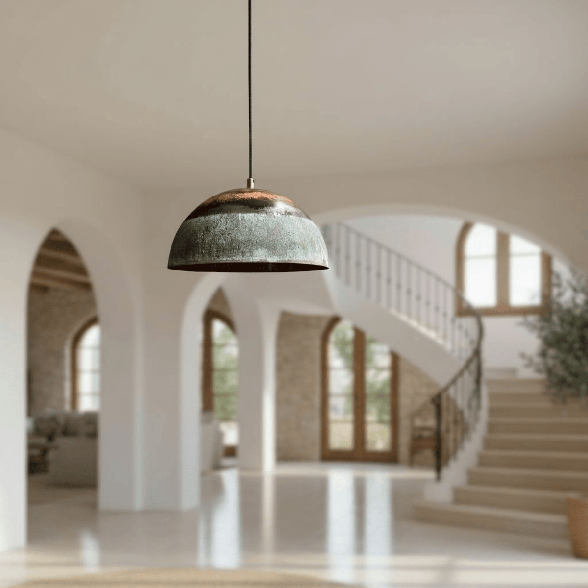 Green Patina Copper Dome Pendant – Oxidized Ceiling Light for Farmhouse - BRASSDORIA