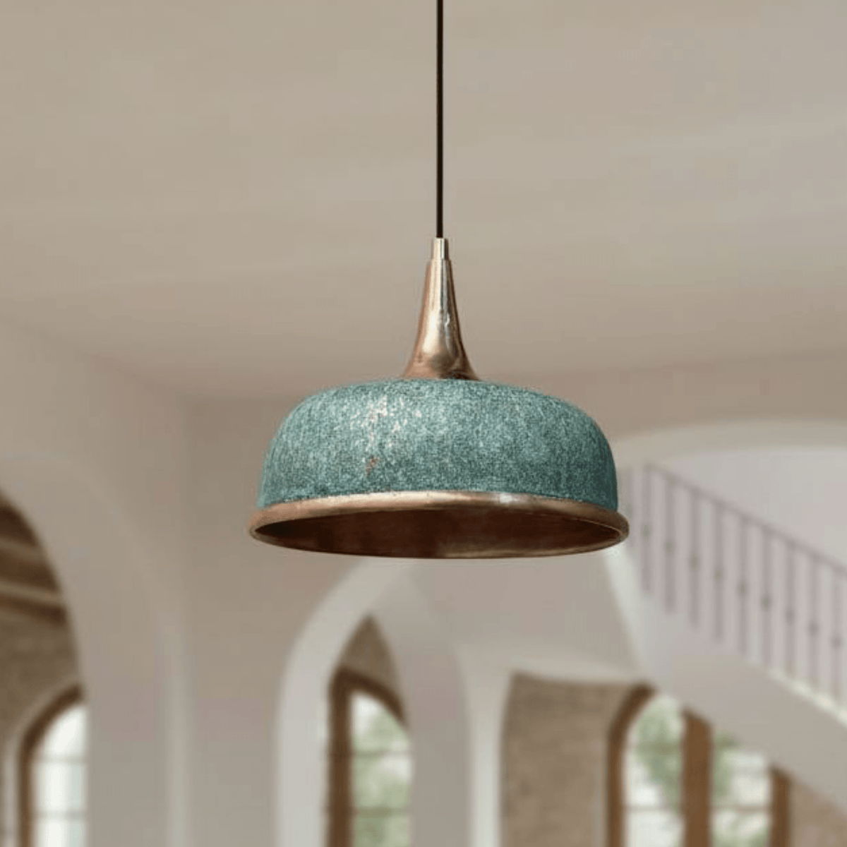Green Patina Copper Dome Pendant – Oxidized Ceiling Light for Farmhouse - BRASSDORIA