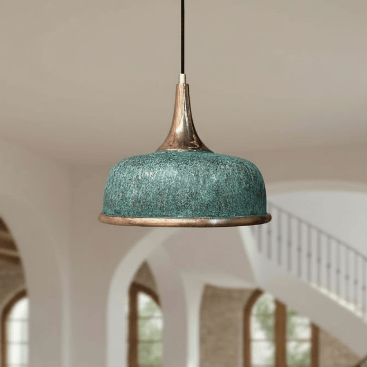 Green Patina Copper Dome Pendant – Oxidized Ceiling Light for Farmhouse - BRASSDORIA