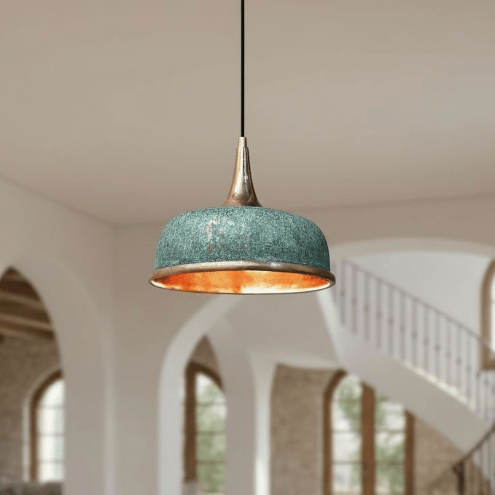 Green Patina Copper Dome Pendant – Oxidized Ceiling Light for Farmhouse - BRASSDORIA