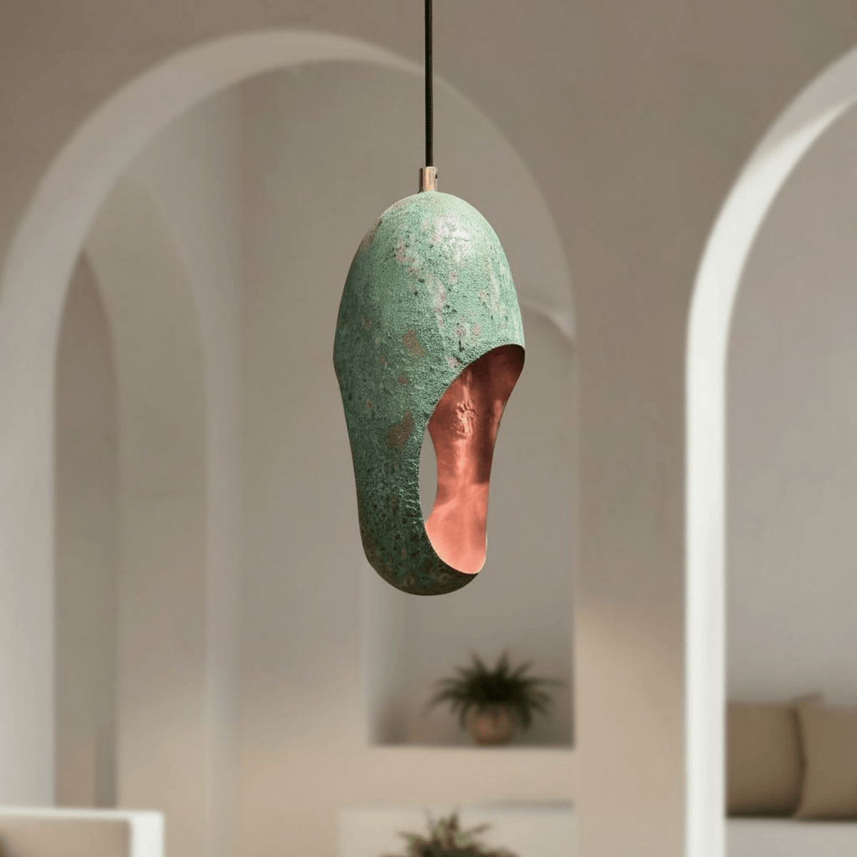 Green Patina Copper Pendant – Cutout Dome Ceiling Light for Rustic Decor - BRASSDORIA