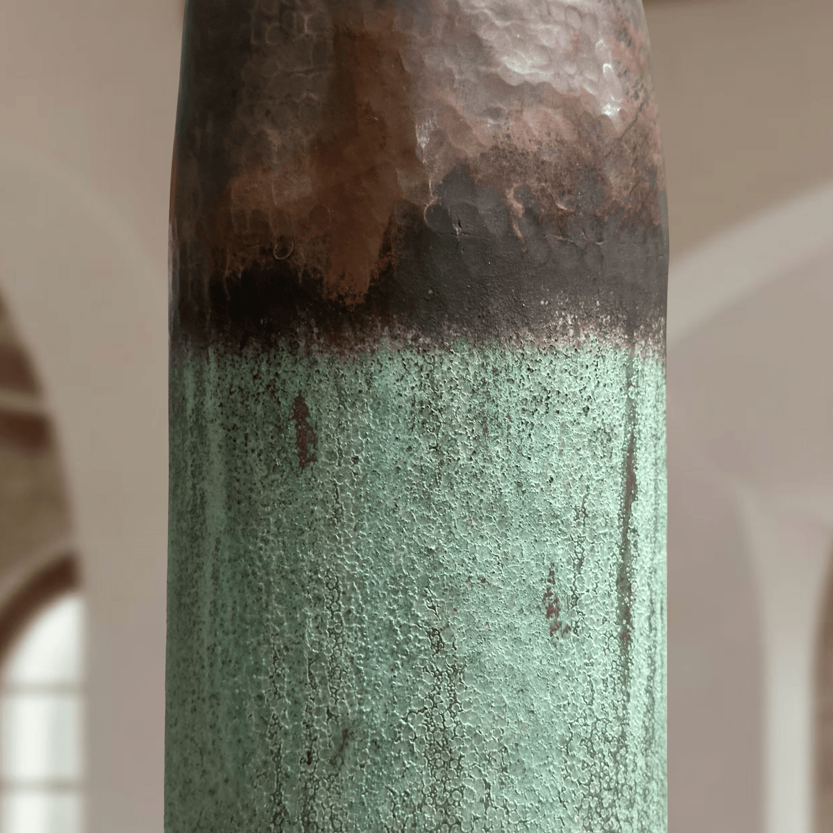 Green Patina Copper Pendant Light – Handmade Oxidized Cylinder Ceiling Lamp - BRASSDORIA