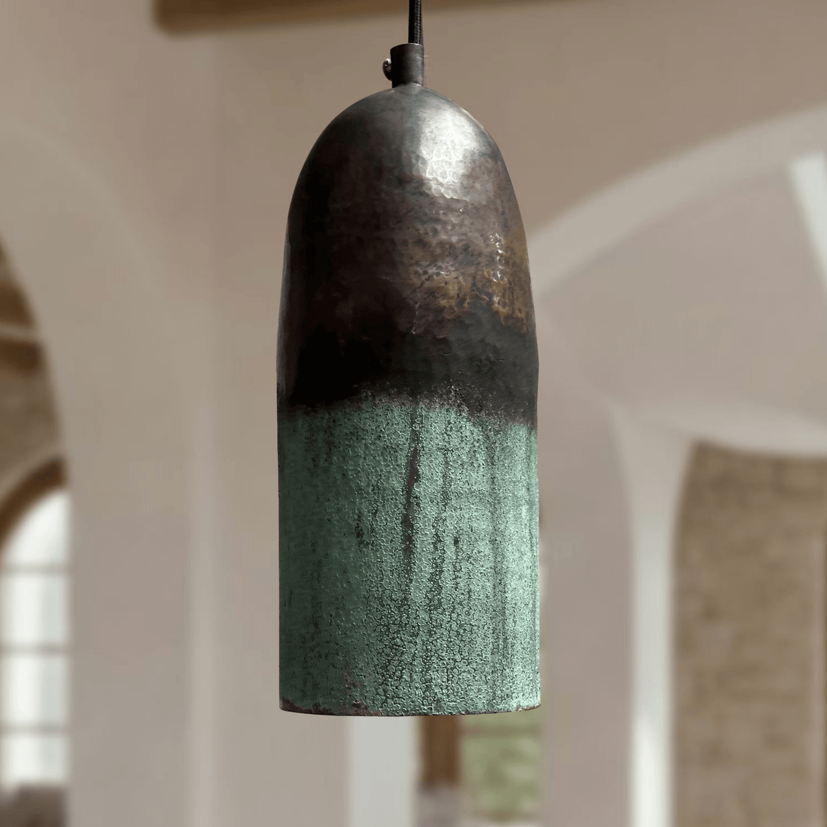 Green Patina Copper Pendant Light – Handmade Oxidized Cylinder Ceiling Lamp - BRASSDORIA