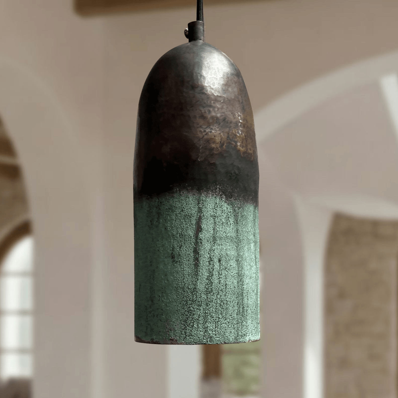 Green Patina Copper Pendant Light – Handmade Oxidized Cylinder Ceiling Lamp - BRASSDORIA
