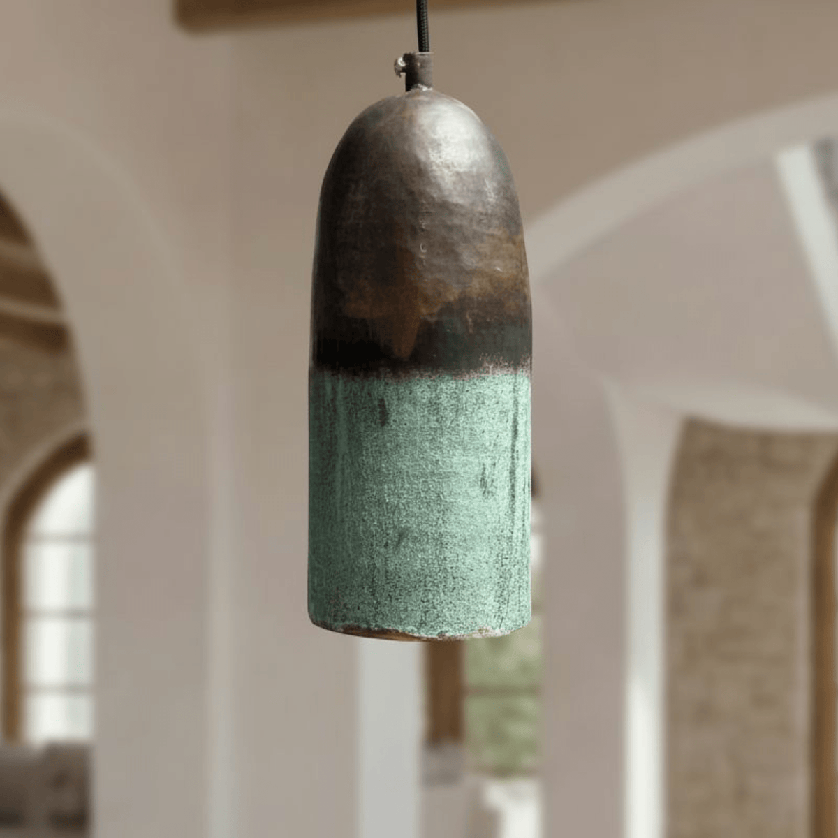 Green Patina Copper Pendant Light – Handmade Oxidized Cylinder Ceiling Lamp - BRASSDORIA