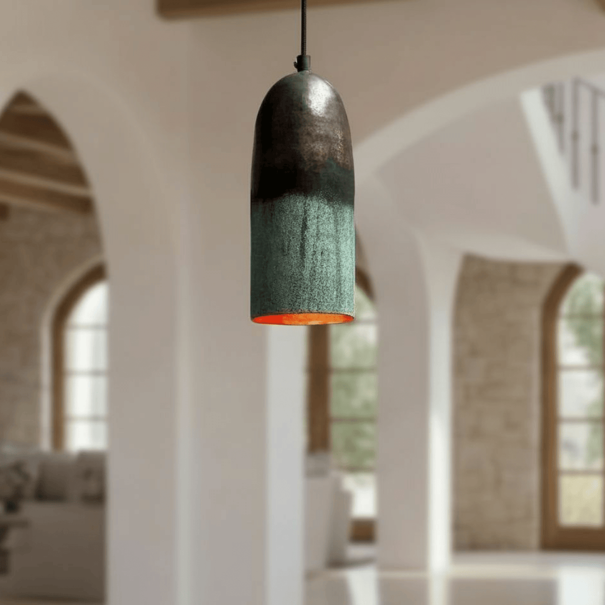 Green Patina Copper Pendant Light – Handmade Oxidized Cylinder Ceiling Lamp - BRASSDORIA