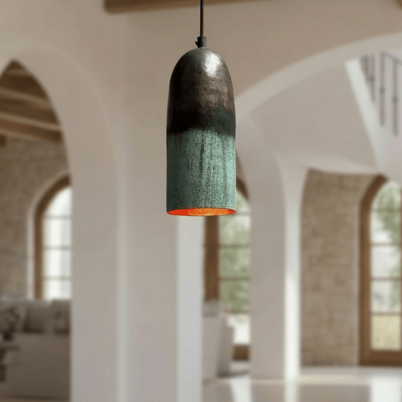 Green Patina Copper Pendant Light – Handmade Oxidized Cylinder Ceiling Lamp - BRASSDORIA