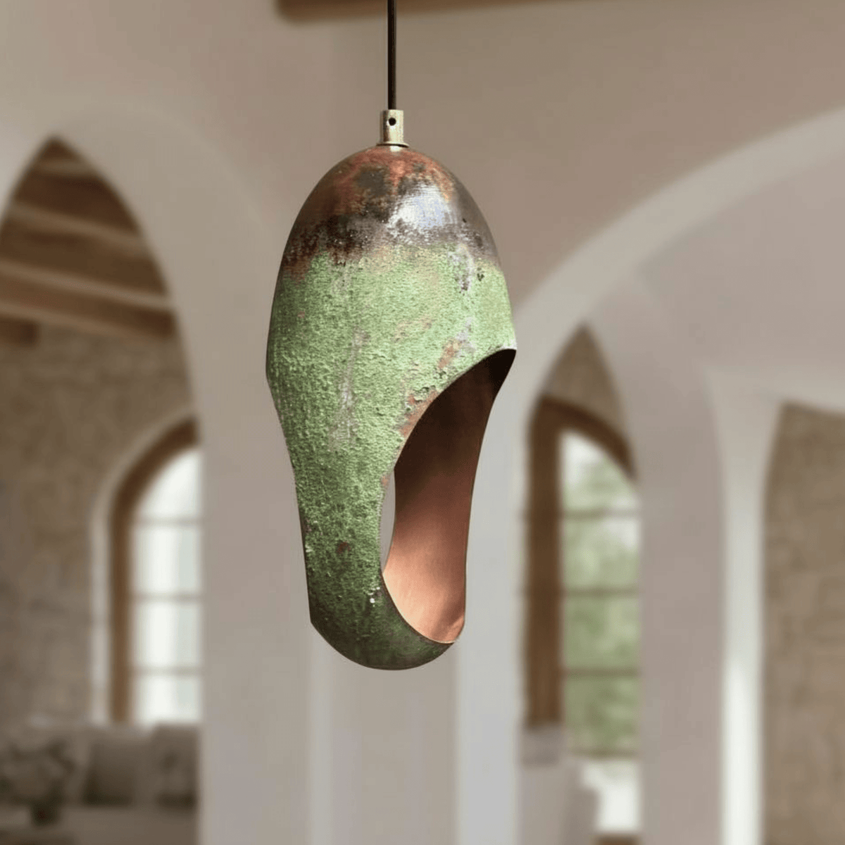 Green Patina Copper Pendant – Oval Cutout Ceiling Light for Rustic Decor - BRASSDORIA