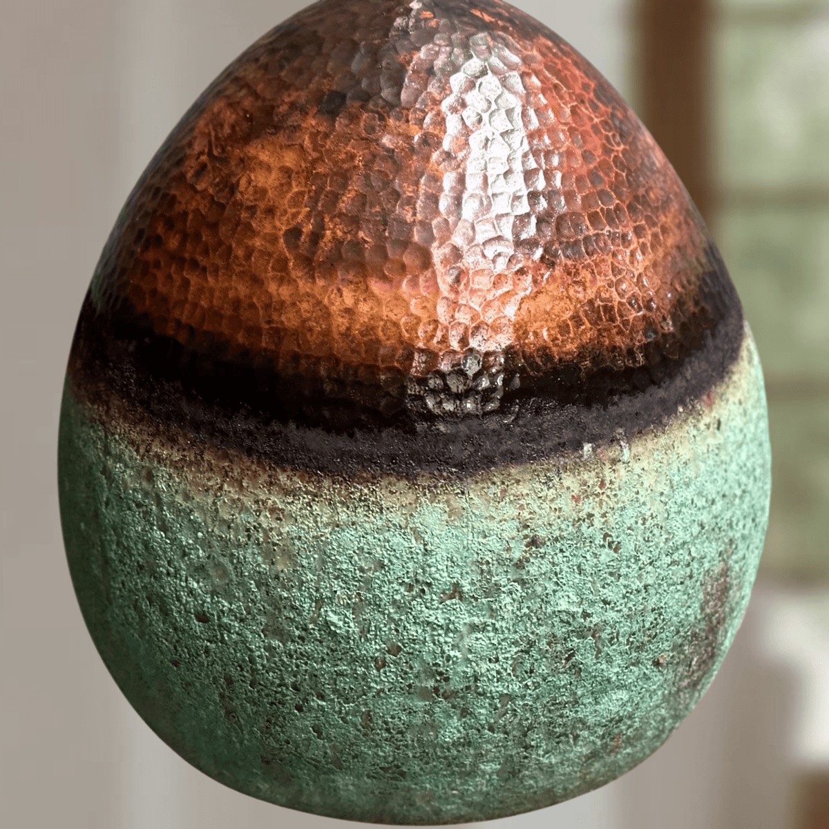 Green Patina Copper Pendant – Oval Cutout Ceiling Light for Rustic Decor - BRASSDORIA