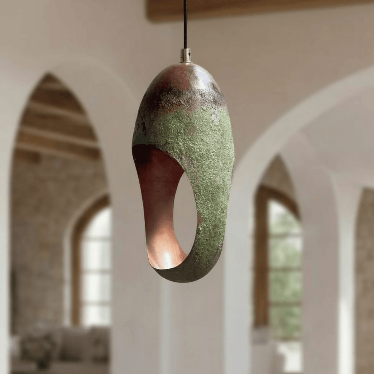 Green Patina Copper Pendant – Oval Cutout Ceiling Light for Rustic Decor - BRASSDORIA