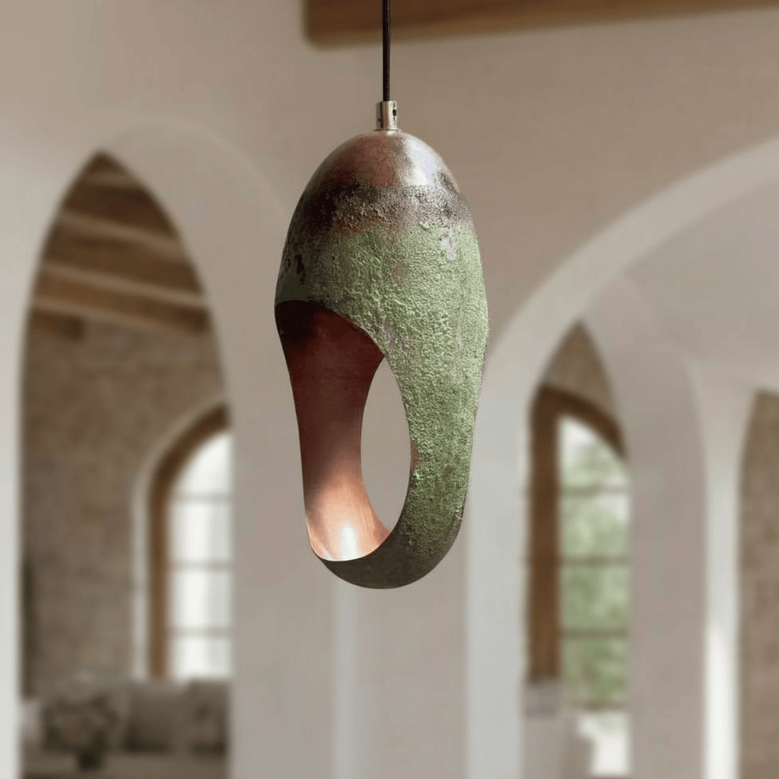 Green Patina Copper Pendant – Oval Cutout Ceiling Light for Rustic Decor - BRASSDORIA