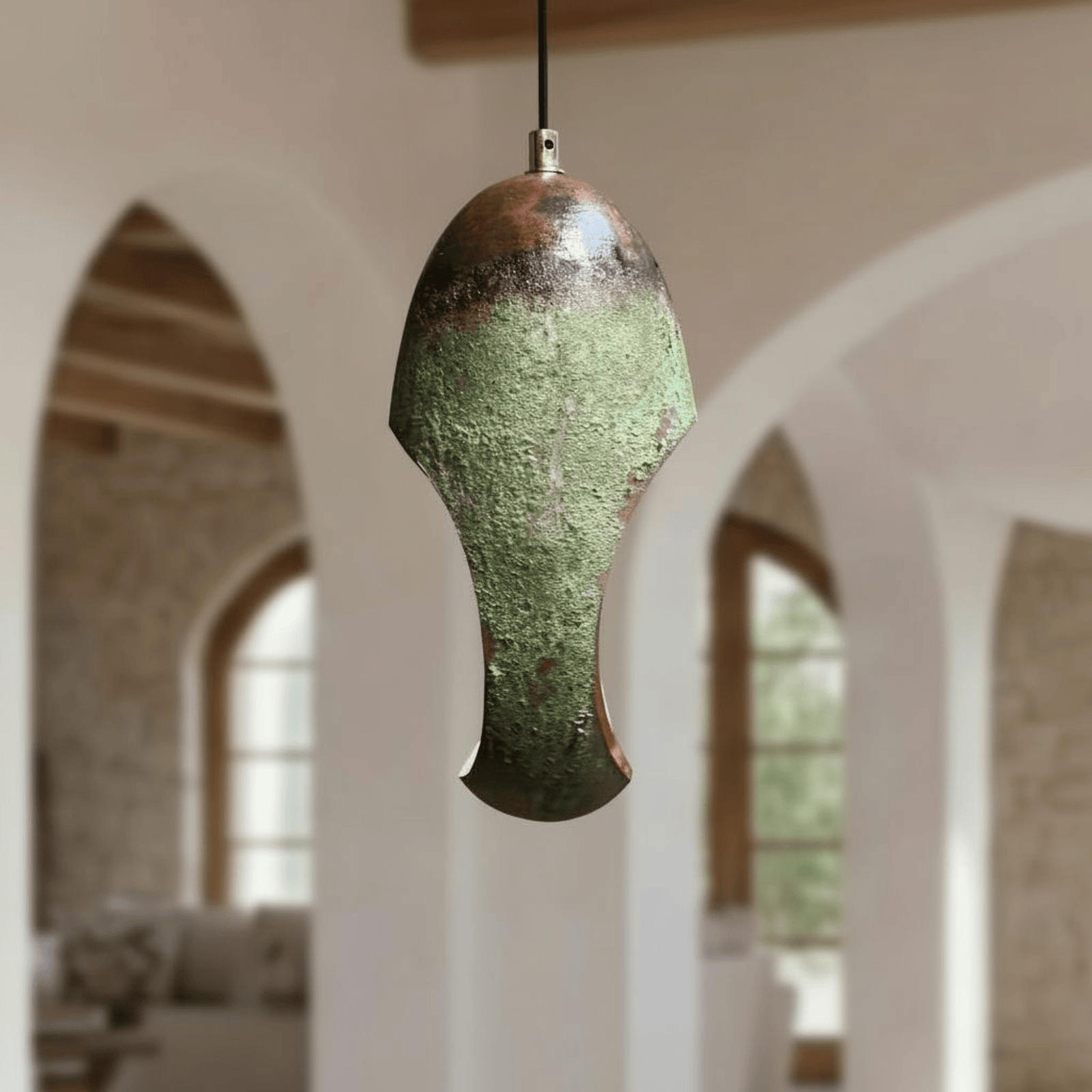 Green Patina Copper Pendant – Oval Cutout Ceiling Light for Rustic Decor - BRASSDORIA
