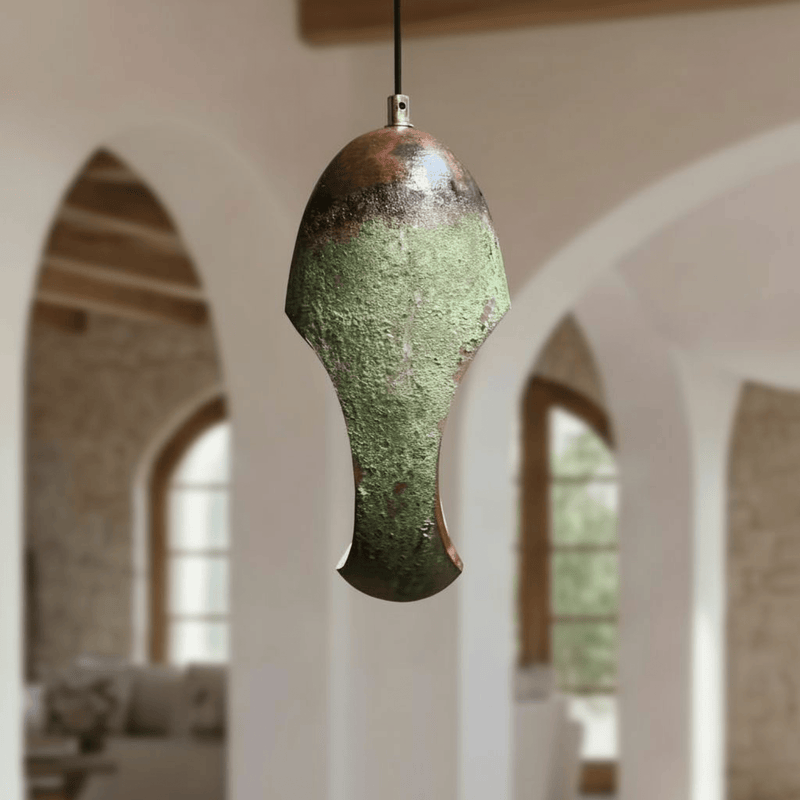 Green Patina Copper Pendant – Oval Cutout Ceiling Light for Rustic Decor - BRASSDORIA