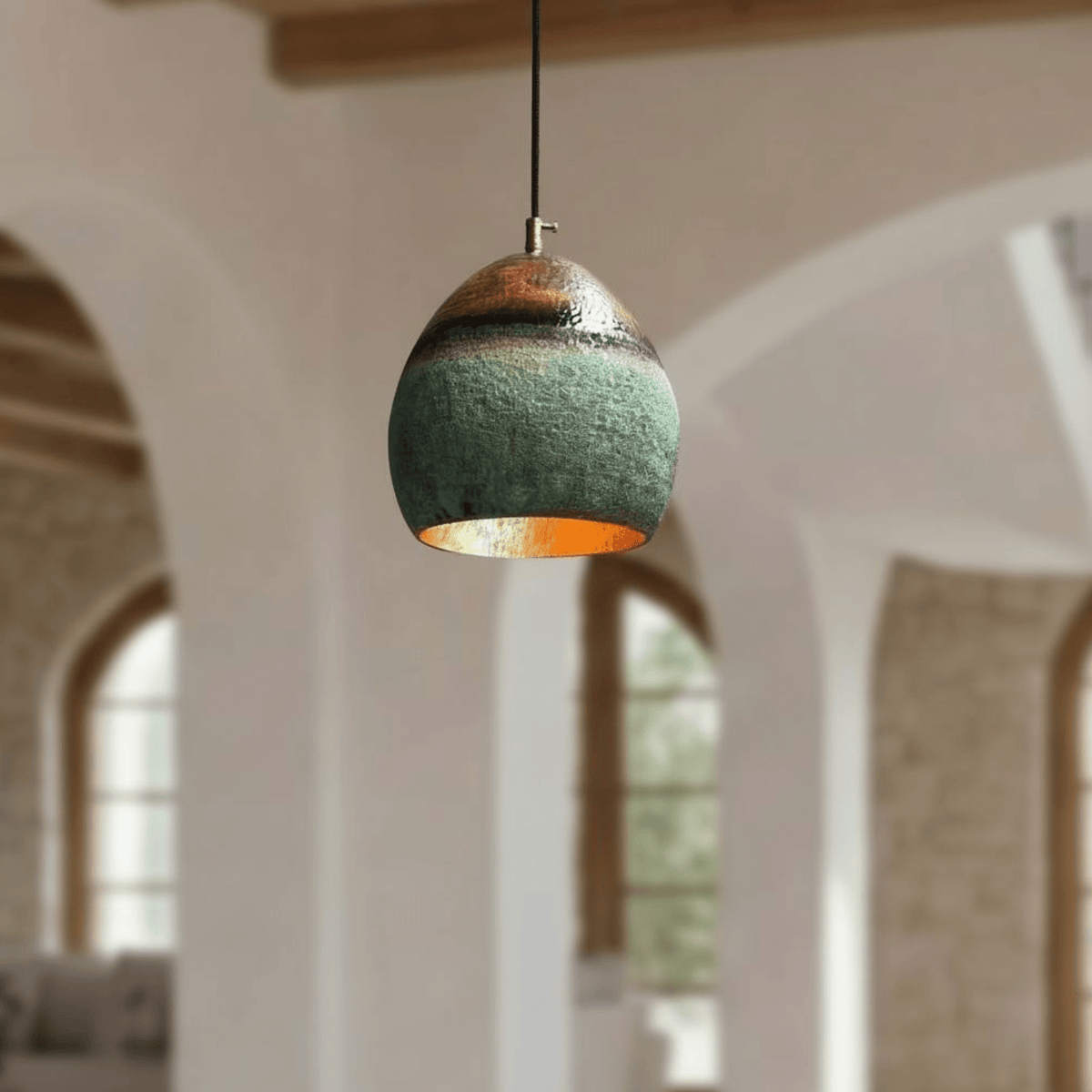 Green Patina Copper Pendant – Oval Cutout Ceiling Light for Rustic Decor - BRASSDORIA