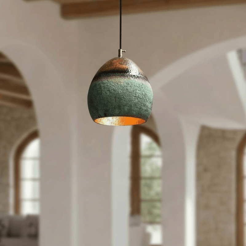 Green Patina Copper Pendant – Oval Cutout Ceiling Light for Rustic Decor - BRASSDORIA
