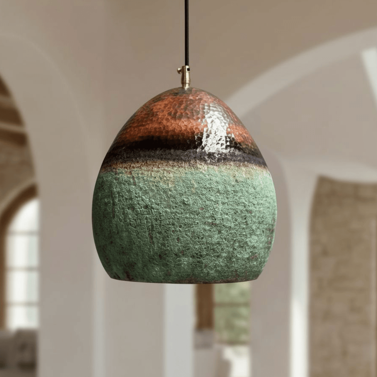 Green Patina Copper Pendant – Oval Cutout Ceiling Light for Rustic Decor - BRASSDORIA