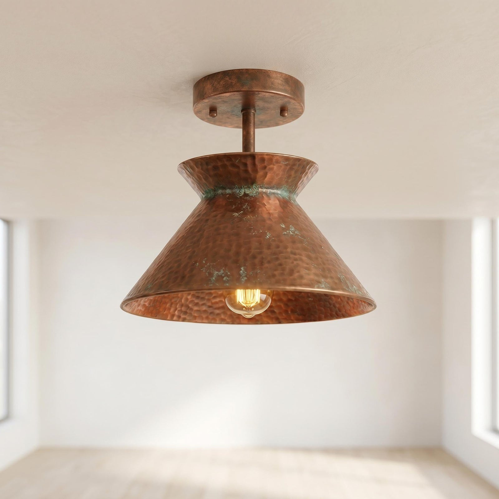 Green Patina Copper Semi Flush Mount Ceiling Light – Mid-Century Dome - BRASSDORIA