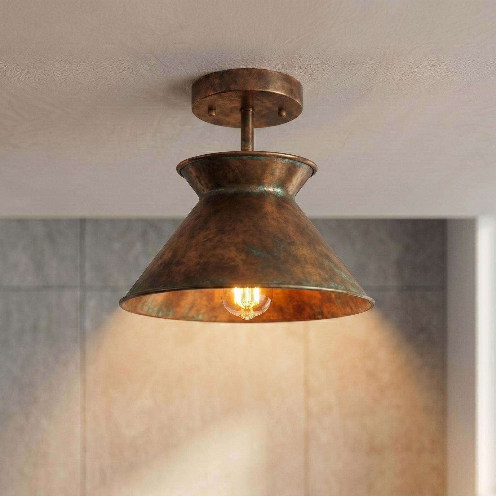Green Patina Copper Semi Flush Mount Ceiling Light – Mid-Century Dome - BRASSDORIA