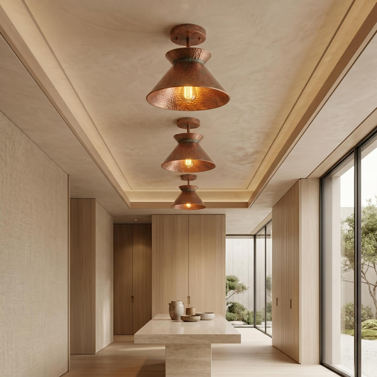 Green Patina Copper Semi Flush Mount Ceiling Light – Mid-Century Dome - BRASSDORIA