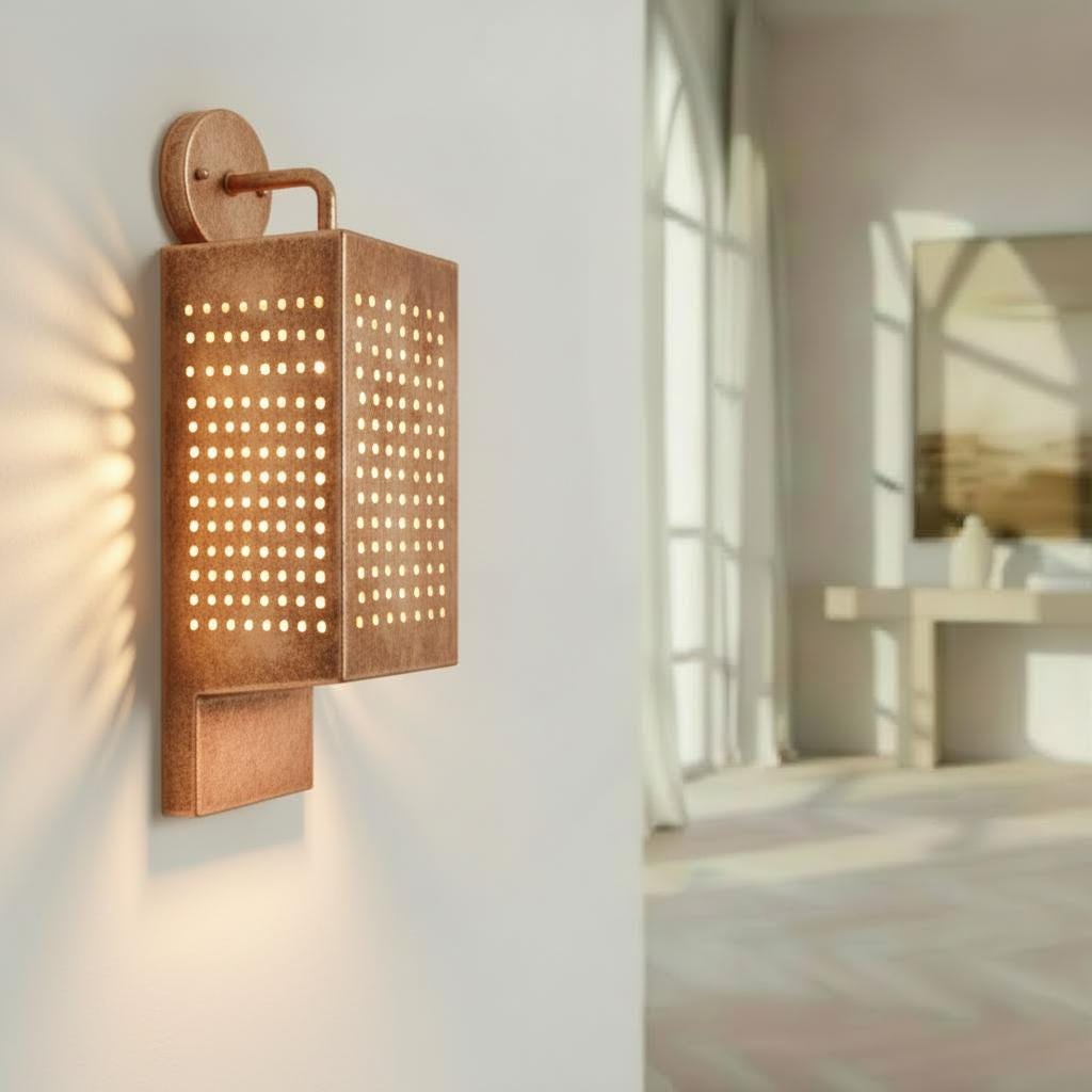 Green Patina Perforated Copper Wall Sconce – Up-Down Verdigris Light - BRASSDORIA