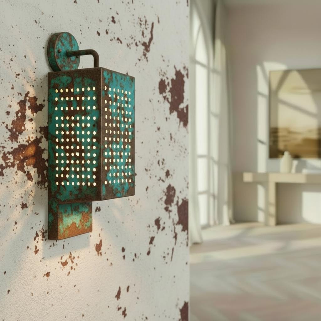Green Patina Perforated Copper Wall Sconce – Up-Down Verdigris Light - BRASSDORIA