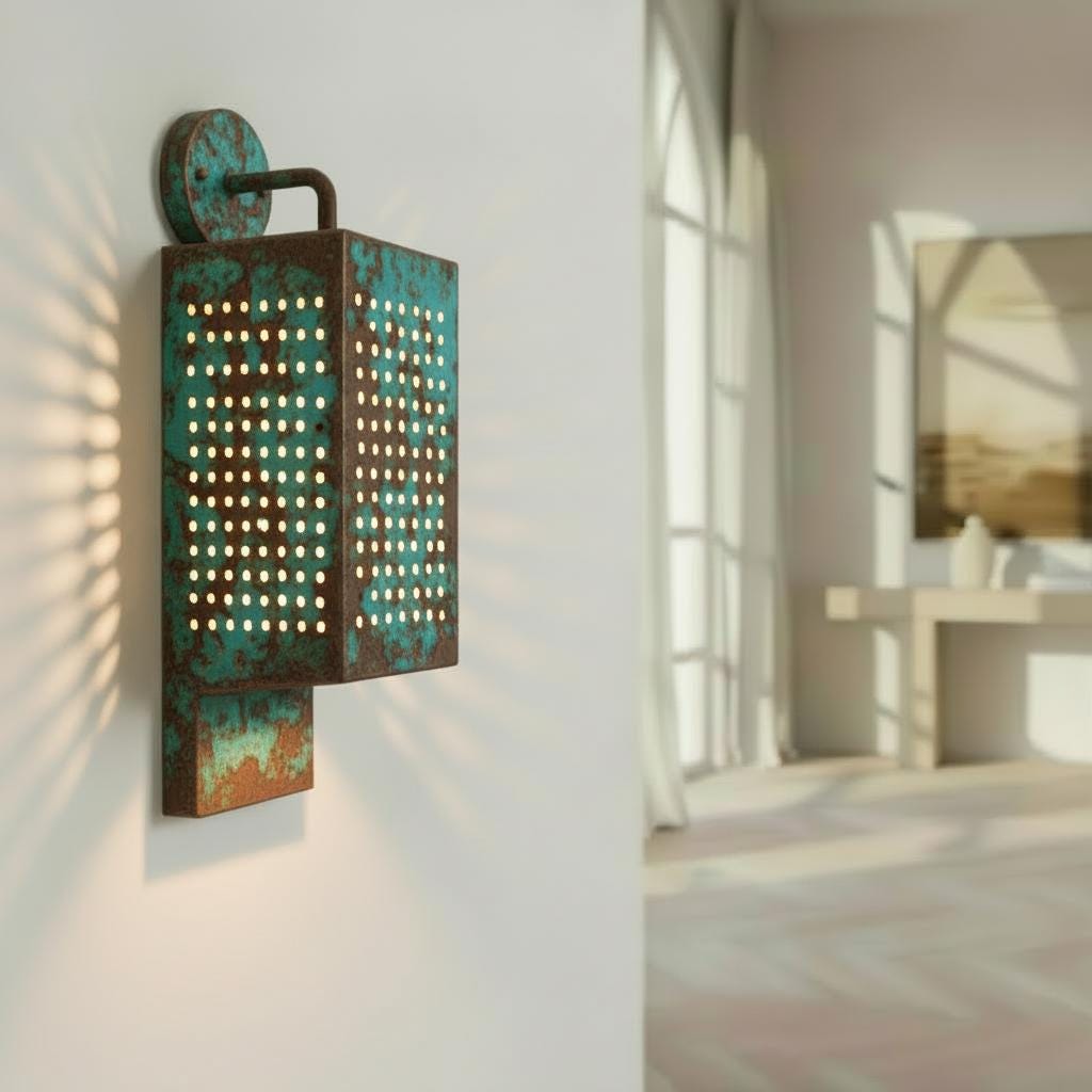 Green Patina Perforated Copper Wall Sconce – Up-Down Verdigris Light - BRASSDORIA
