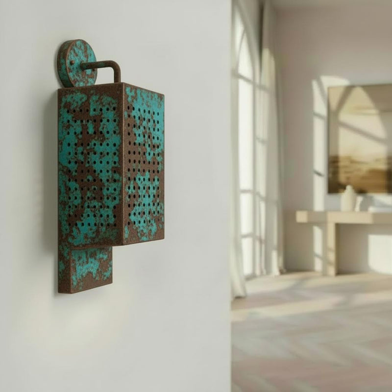 Green Patina Perforated Copper Wall Sconce – Up-Down Verdigris Light - BRASSDORIA