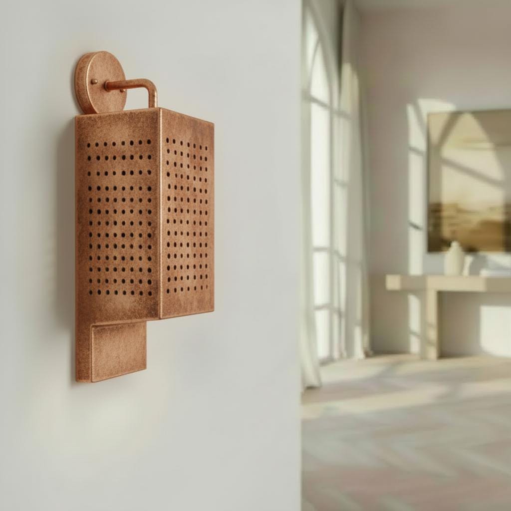 Green Patina Perforated Copper Wall Sconce – Up-Down Verdigris Light - BRASSDORIA