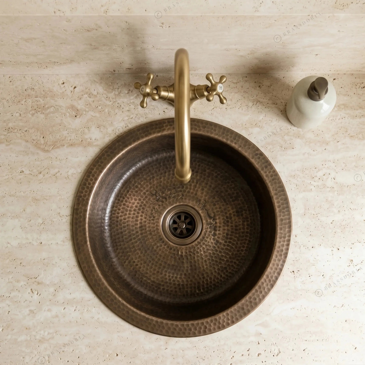 Hammered Antique Brass Bar Sink – Solid Round Drop-In Prep Sink with Aged Patina Finish - BRASSDORIA
