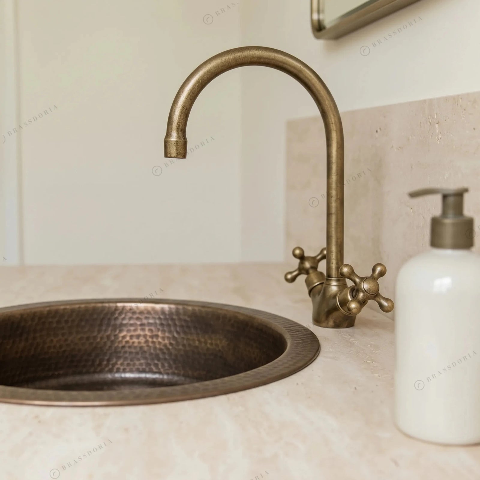 Hammered Antique Brass Bar Sink – Solid Round Drop-In Prep Sink with Aged Patina Finish - BRASSDORIA