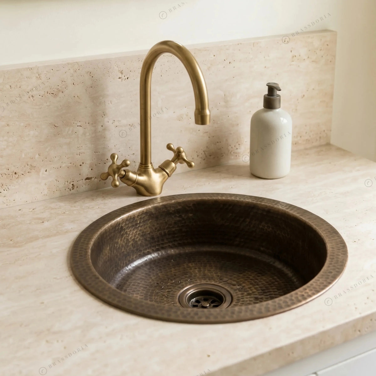Hammered Antique Brass Bar Sink – Solid Round Drop-In Prep Sink with Aged Patina Finish - BRASSDORIA