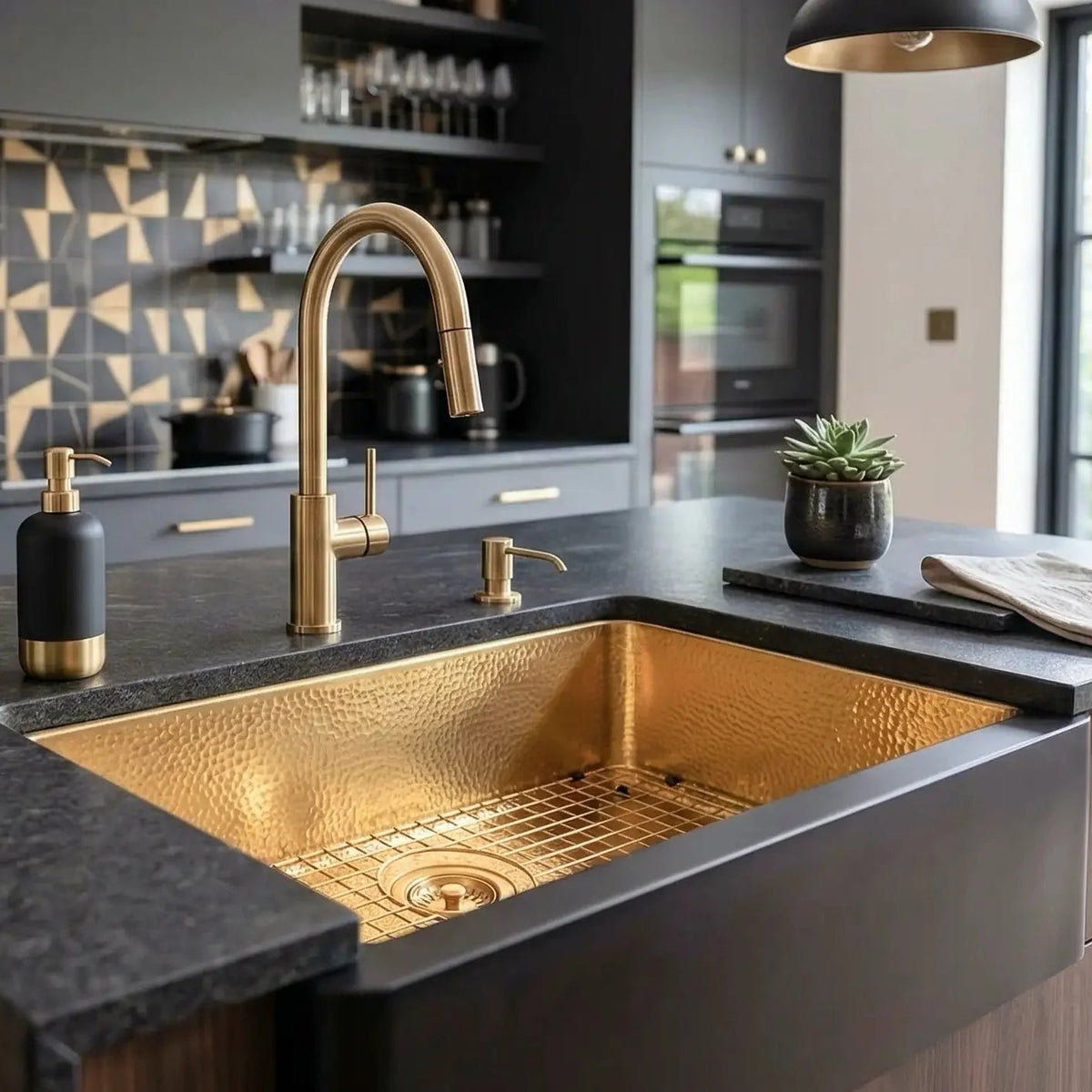 Hammered Brass Farmhouse Sink – Black Apron Front, Handmade Moroccan Kitchen Decor - BRASSDORIA