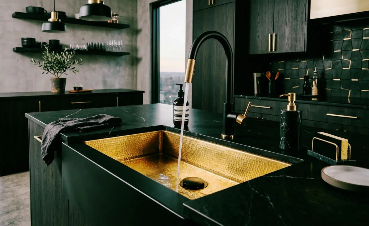 Hammered Brass Farmhouse Sink – Black Apron Front, Handmade Moroccan Kitchen Decor - BRASSDORIA