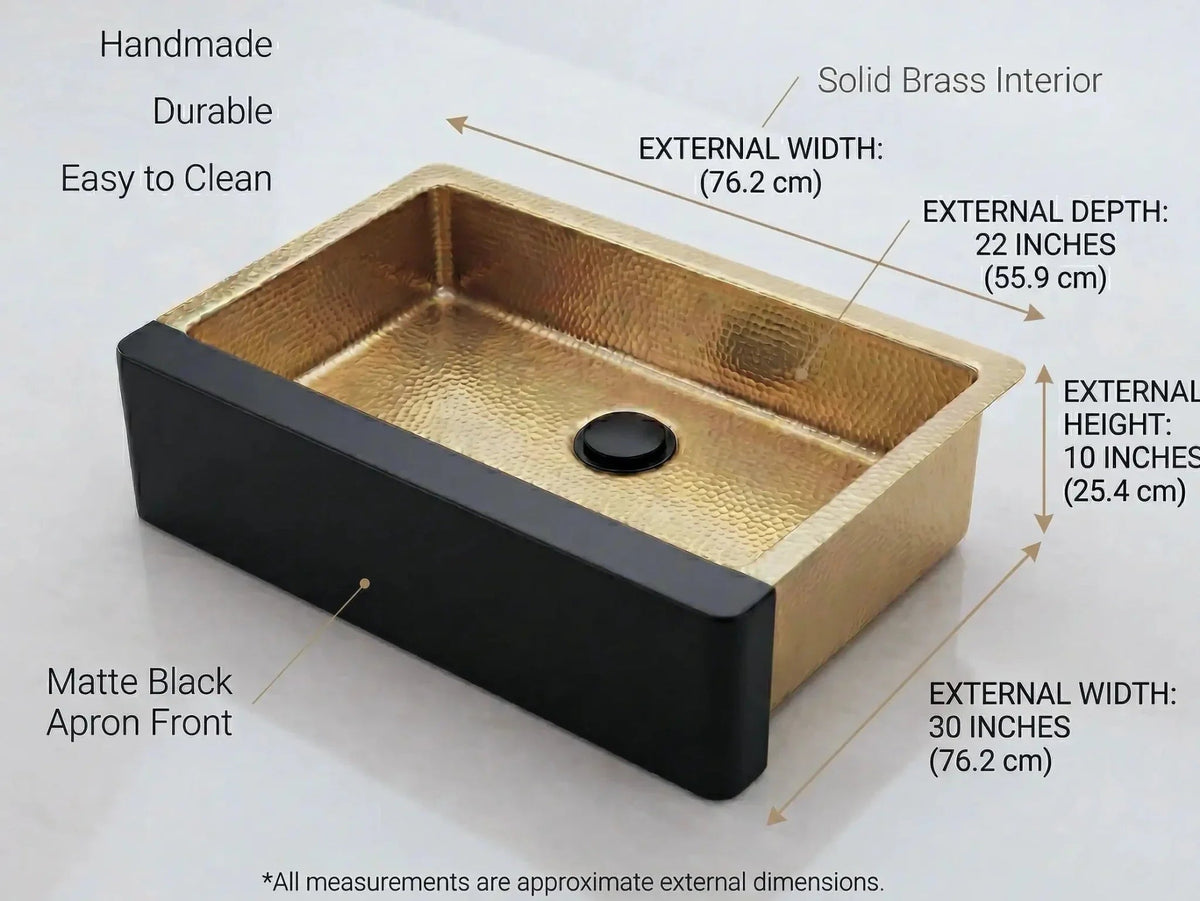 Hammered Brass Farmhouse Sink – Black Apron Front, Handmade Moroccan Kitchen Decor - BRASSDORIA