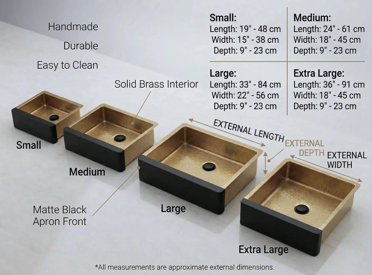 Hammered Brass Farmhouse Sink – Black Apron Front, Handmade Moroccan Kitchen Decor - BRASSDORIA