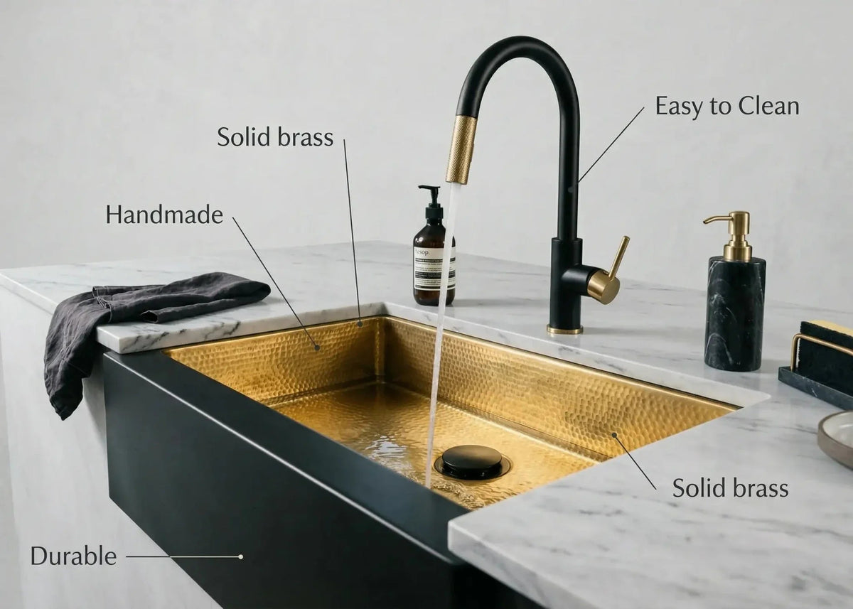 Hammered Brass Farmhouse Sink – Black Apron Front, Handmade Moroccan Kitchen Decor - BRASSDORIA