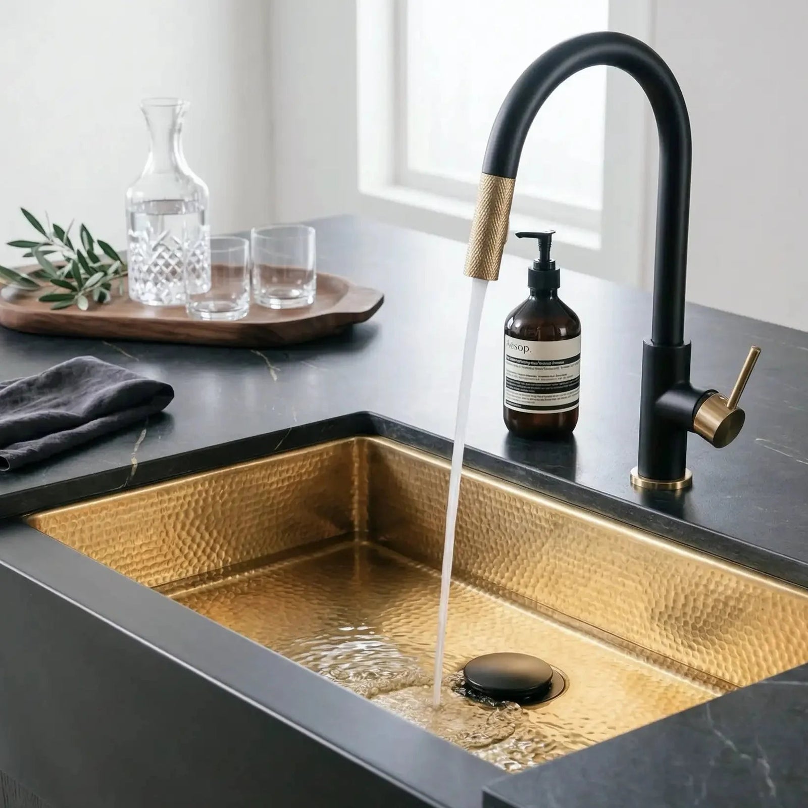 Hammered Brass Farmhouse Sink – Black Apron Front, Handmade Moroccan Kitchen Decor - BRASSDORIA