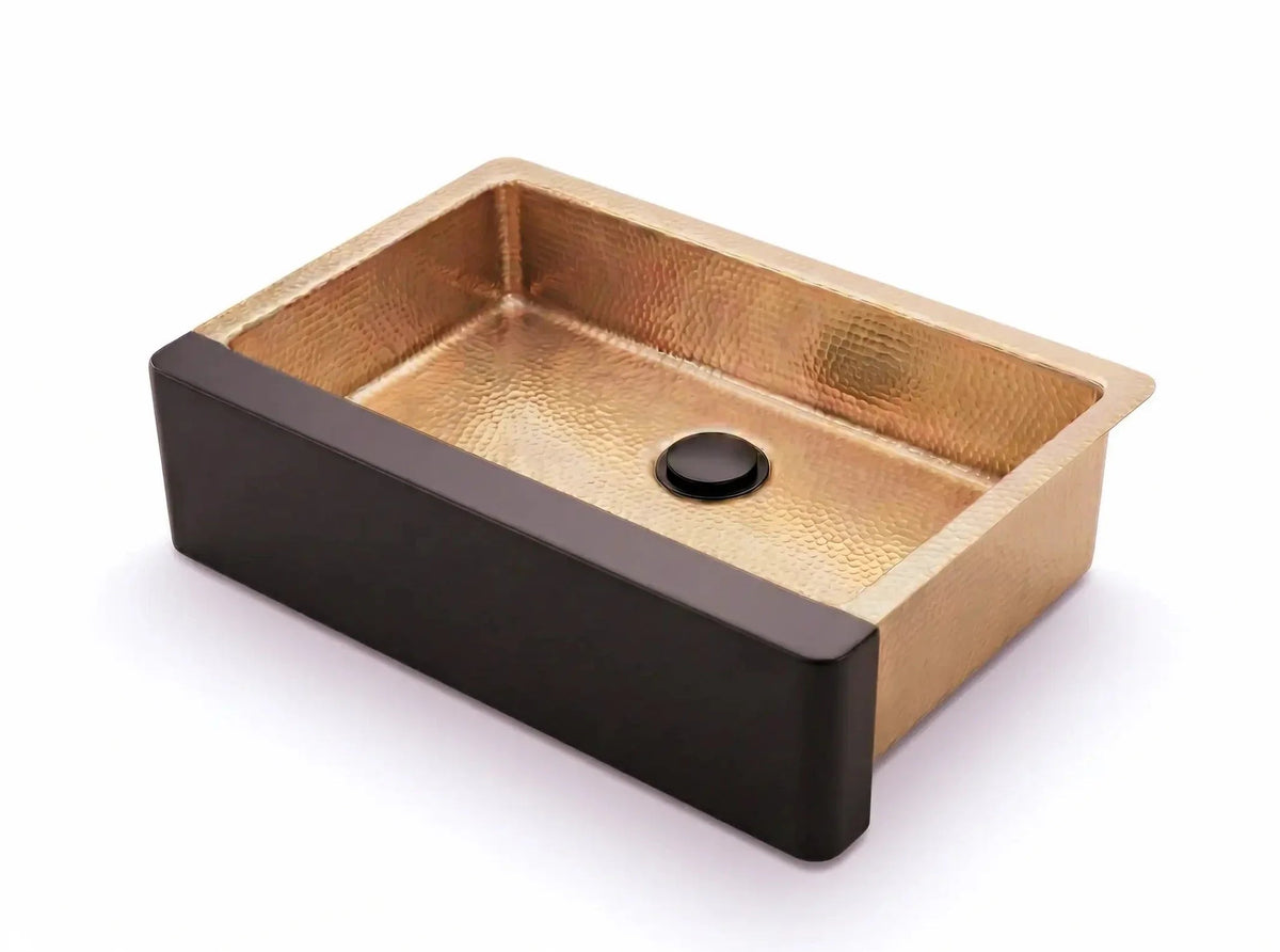 Hammered Brass Farmhouse Sink – Black Apron Front, Handmade Moroccan Kitchen Decor - BRASSDORIA