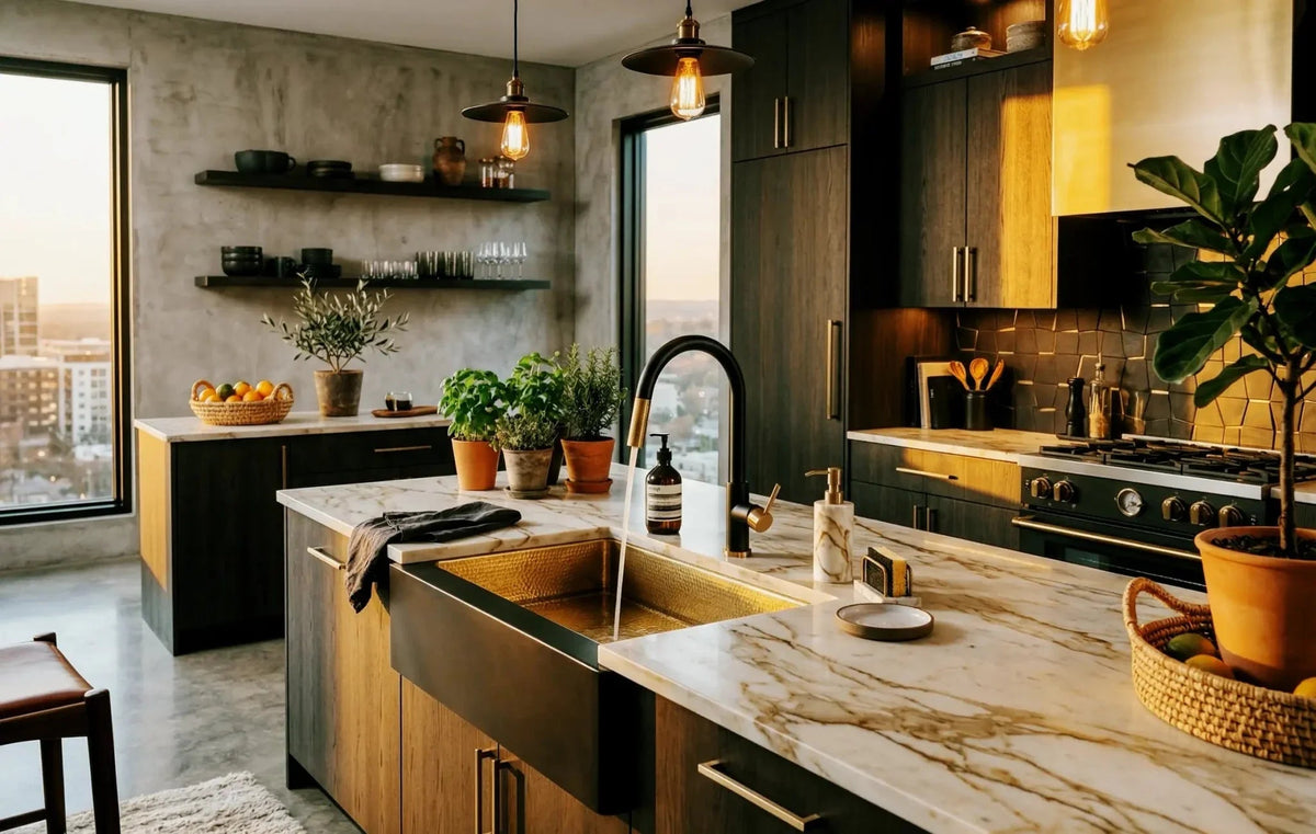 Hammered Brass Farmhouse Sink – Black Apron Front, Handmade Moroccan Kitchen Decor - BRASSDORIA