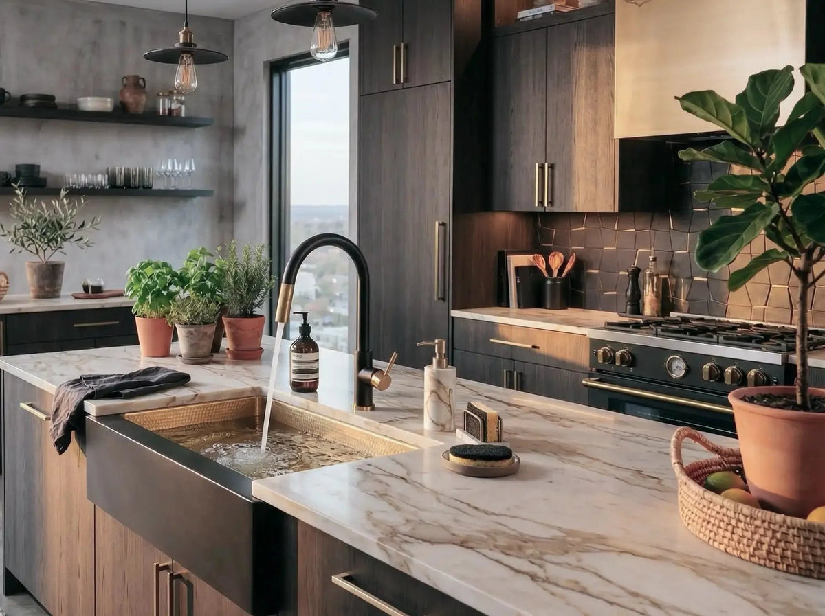 Hammered Brass Farmhouse Sink – Black Apron Front, Handmade Moroccan Kitchen Decor - BRASSDORIA
