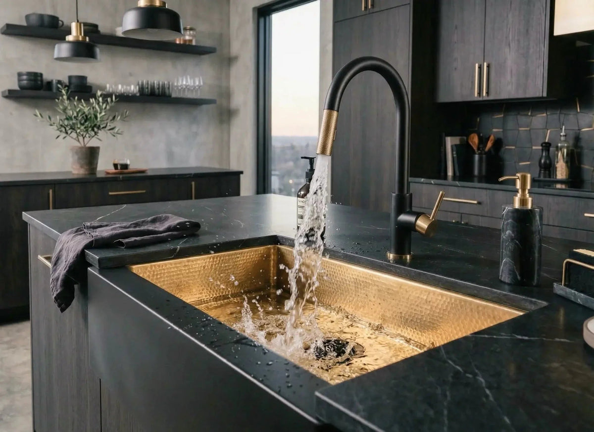 Hammered Brass Farmhouse Sink – Black Apron Front, Handmade Moroccan Kitchen Decor - BRASSDORIA