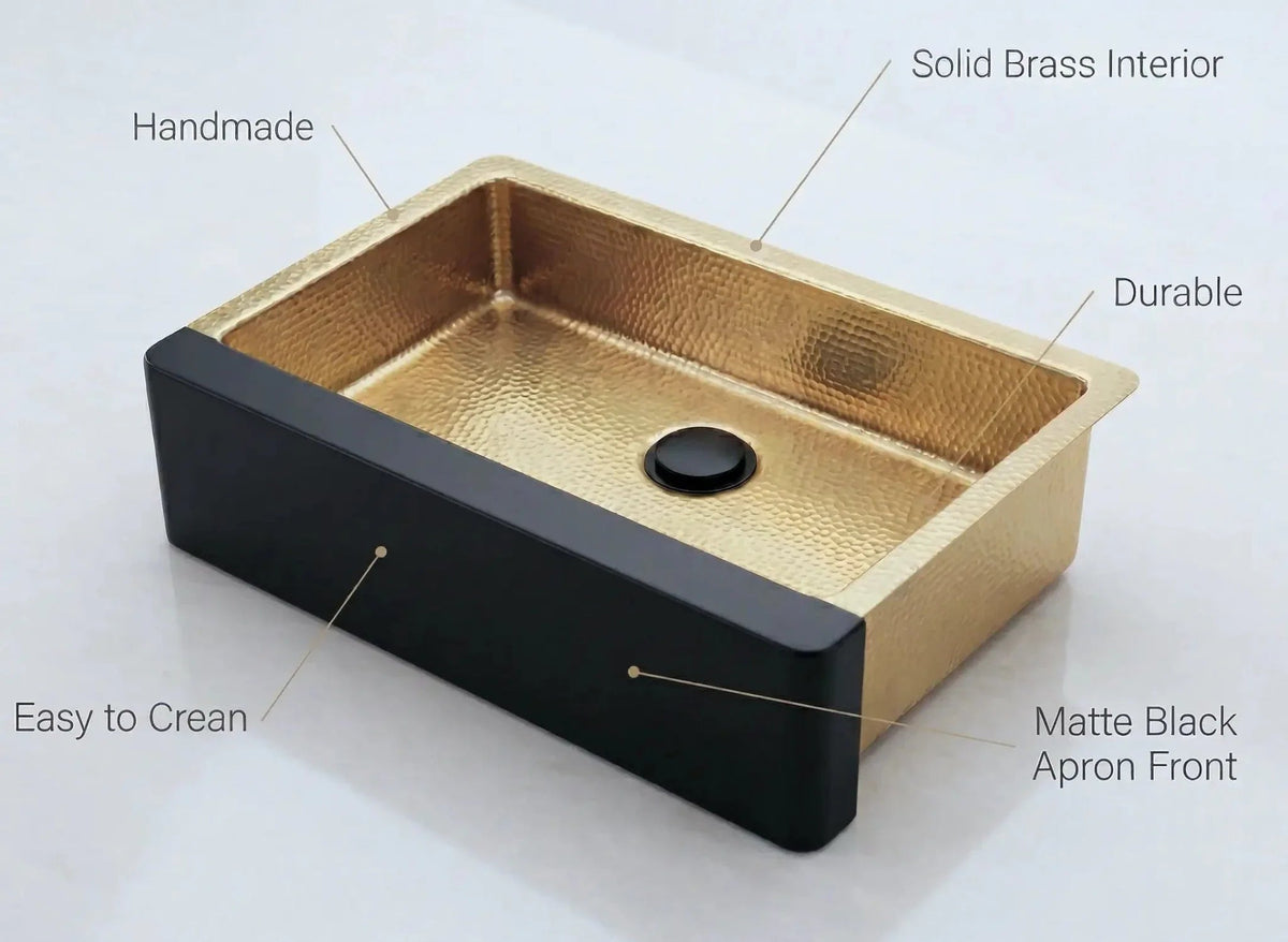 Hammered Brass Farmhouse Sink – Black Apron Front, Handmade Moroccan Kitchen Decor - BRASSDORIA