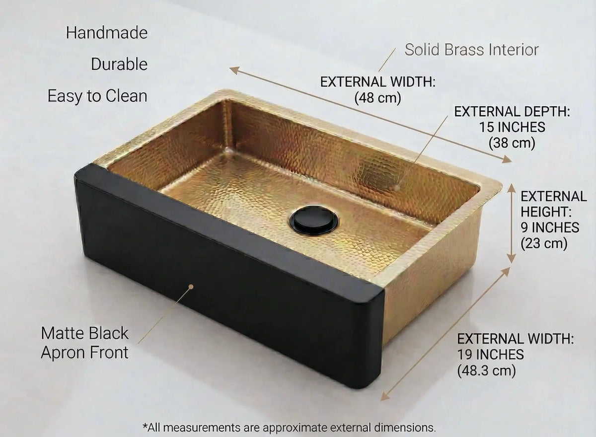 Hammered Brass Farmhouse Sink – Black Apron Front, Handmade Moroccan Kitchen Decor - BRASSDORIA